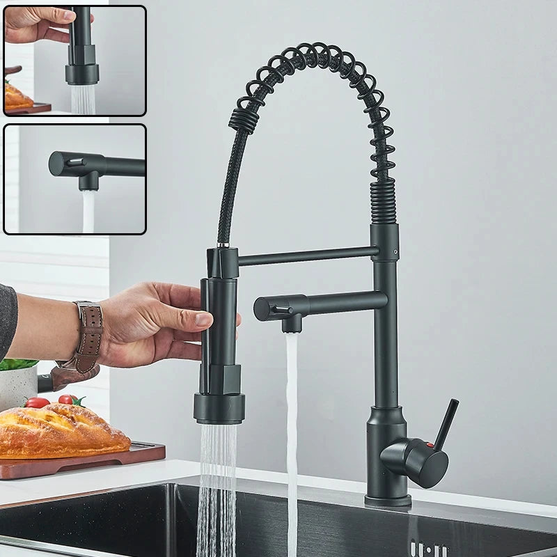 Black Kitchen Sink Faucet, Pull Down Hot and Cold Water Mixer, 2 Mode Tap with Dual Spout 360 Rotation Flexible Deck Mounted