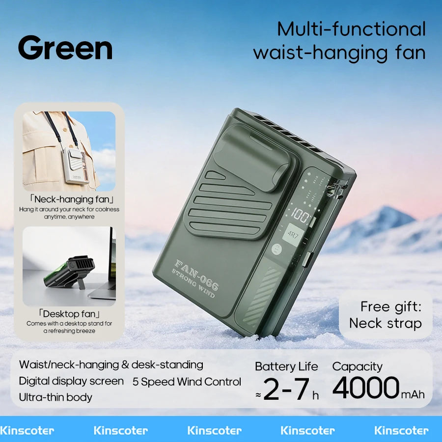 New Outdoor Hanging Waist Fan 4000mAh USB Multi-functional Mini Cooling Fan with 5 Level Fan Speed