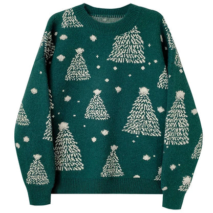 Women's Christmas Red Pullover Sweater Round Neck. Knit Casual Lazy Style New Year Top Contrast. Christmas Tree Autumn Winter 2025