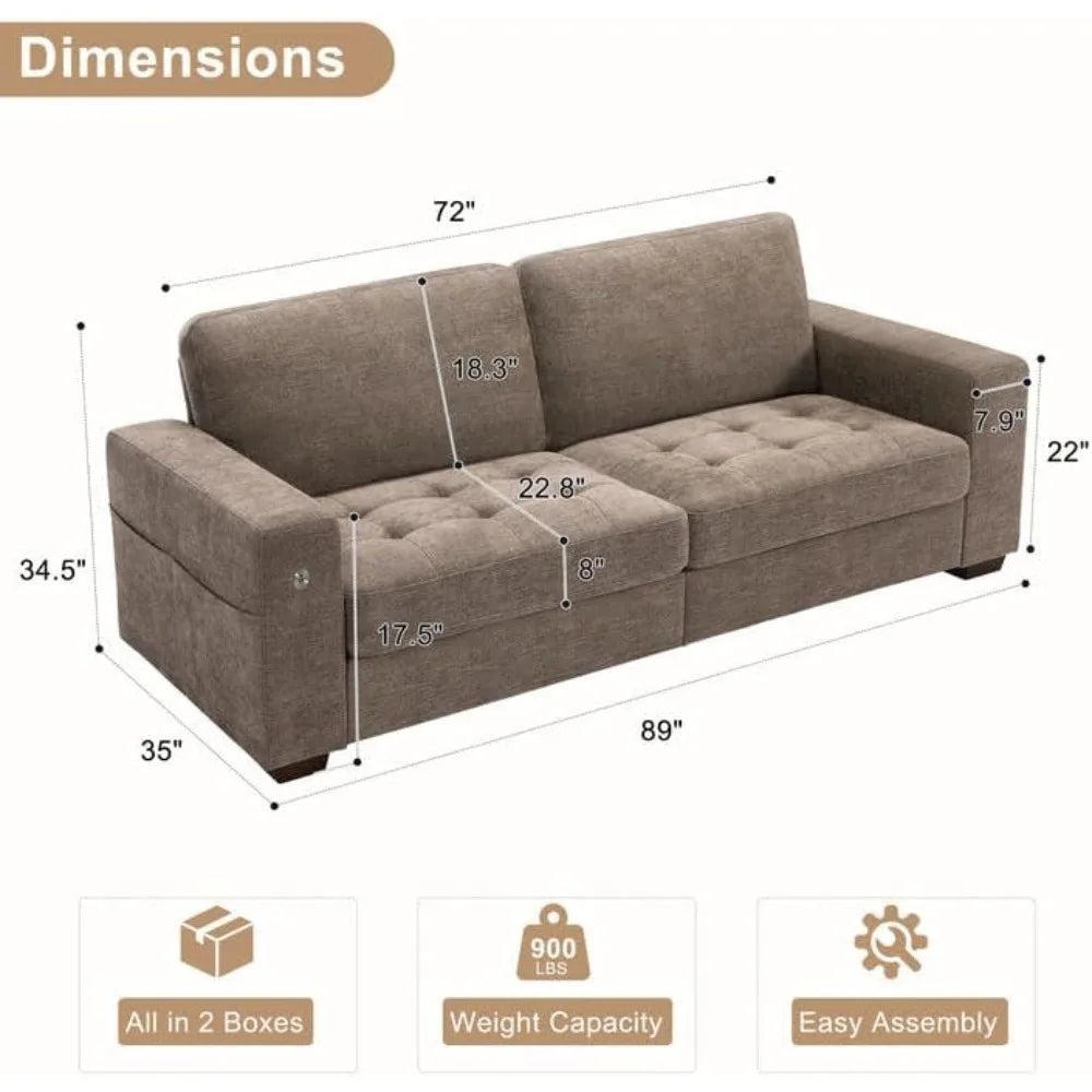 89" Modern Sofa Couch for Living Room, Chenille 3-Seater Couch with Thick Cushions, USB/Type-C Port, Removable Cover