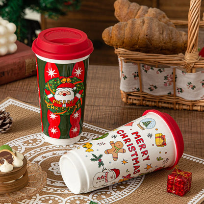 Christmas Ceramic Mug, Coffee Cup with Silicone Lid and Gift Box, Latte Mug, Here Comes Santa Claus Gifts