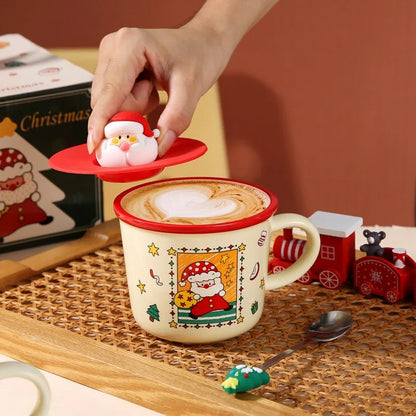 Festive Christmas Themed Ceramic Coffee Mug with Lid & Spoon Holiday Gift Box