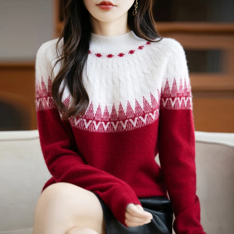 Autumn/Winter New Half High Neck Sweater 100% Wool Knitted Vintage Look. Loose Fit Christmas Red Sweaters Chic Streetwear for Women