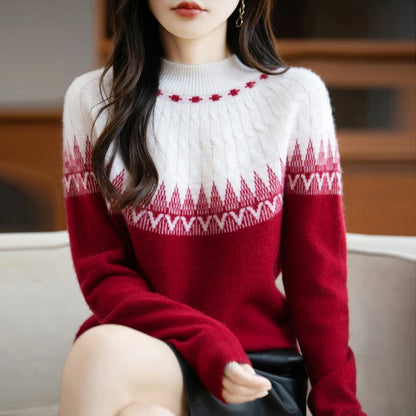 Autumn/Winter New Half High Neck Sweater 100% Wool Knitted Vintage Look. Loose Fit Christmas Red Sweaters Chic Streetwear for Women