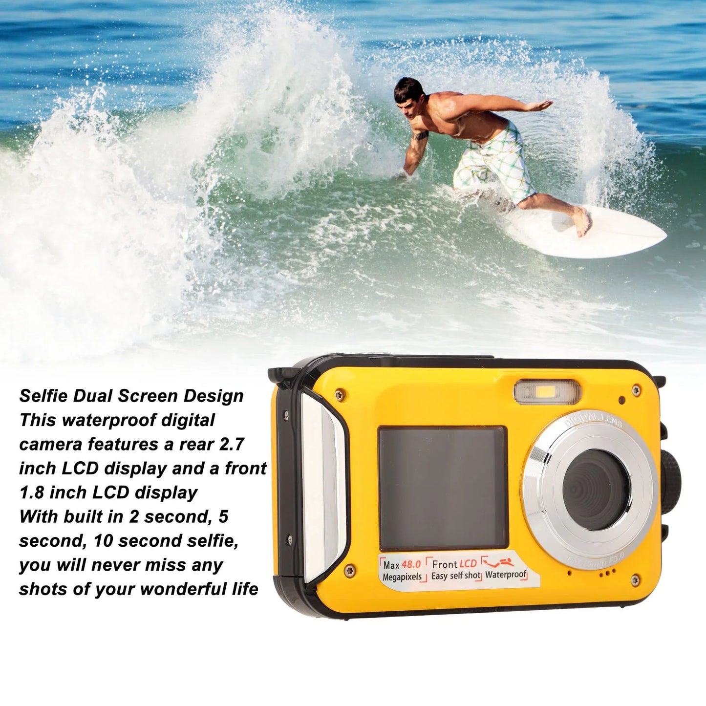 Full HD 2.7K 48MP 10ft Waterproof Underwater Digital Camera with 16X Digital Zoom