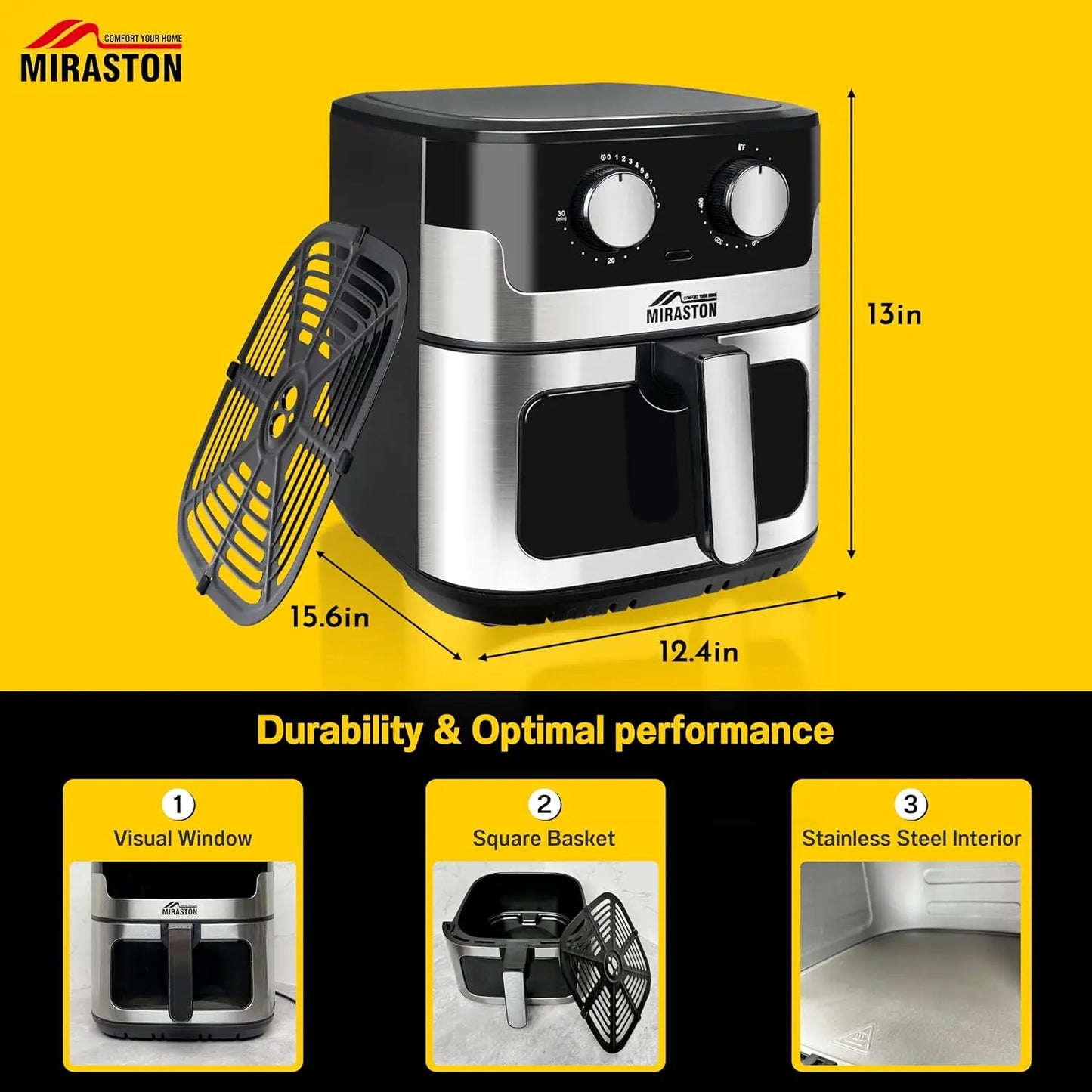 8.5QT Air Fryer, Upgraded Family Size Capacity, Visual Window, Square Basket Stainless Steel Air Fryers
