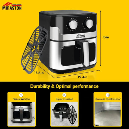 8.5QT Air Fryer, Upgraded Family Size Capacity, Visual Window, Square Basket Stainless Steel Air Fryers