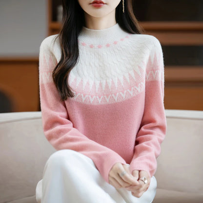 Autumn/Winter New Half High Neck Sweater 100% Wool Knitted Vintage Look. Loose Fit Christmas Red Sweaters Chic Streetwear for Women