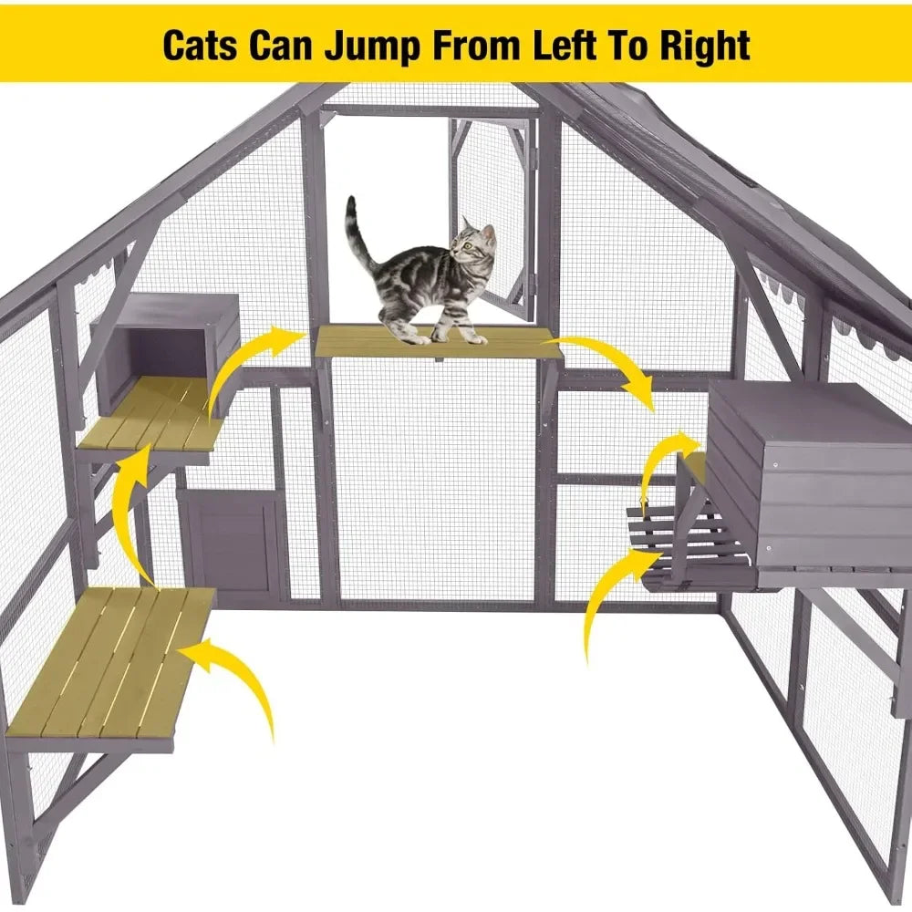 Outdoor Cat House Catio Wooden Kitty Enclosure with Extra Large Entry Door