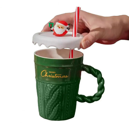 Christmas Themed Ceramic Mug Set with Lid & Straw for Coffee Lover