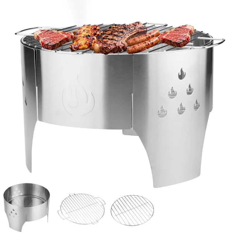 Stainless Steel Barbecue Grill, Outdoor Foldable Grill for Camping. Quick-install Wood Stove Fire Pit for Trekking, Heating & Cooking