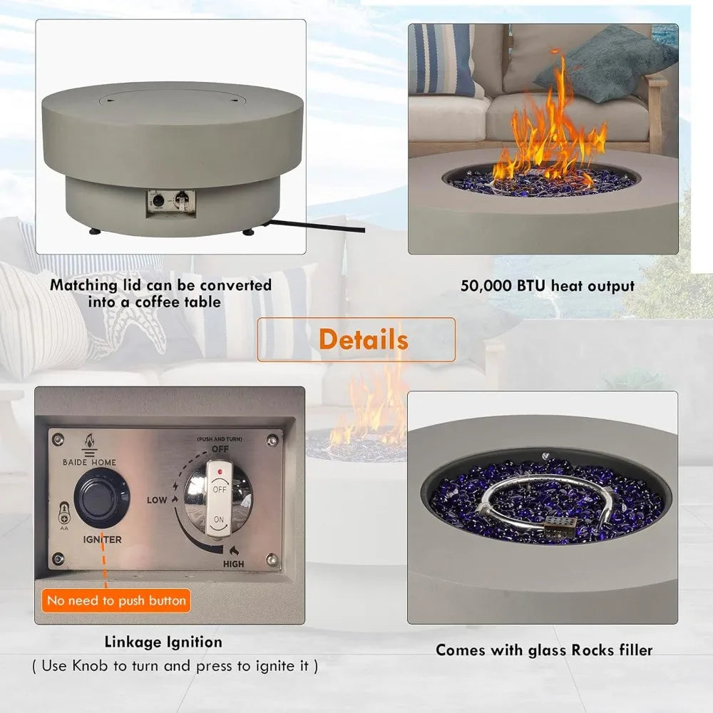 Propane Outdoor Fire Pit Table, Flint & Concrete Look. 32.5-inch Round Patio Propane Fire Table