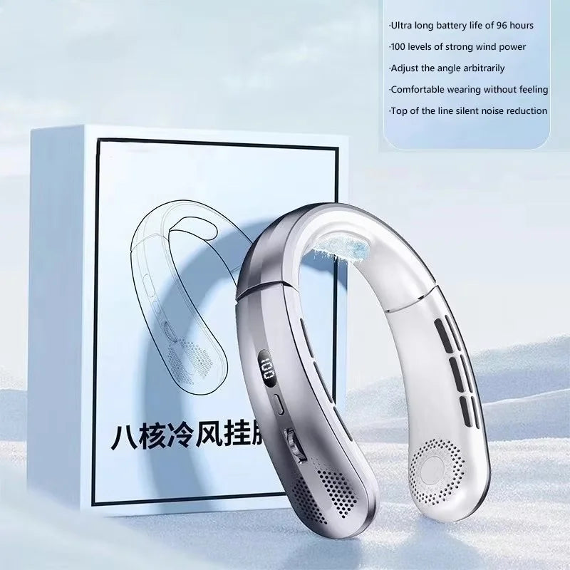 8000mAh Electric Hanging Neck Fan Portable Bladeless Mini Rechargeable with LED Digital Display Air Cooler For Outdoor