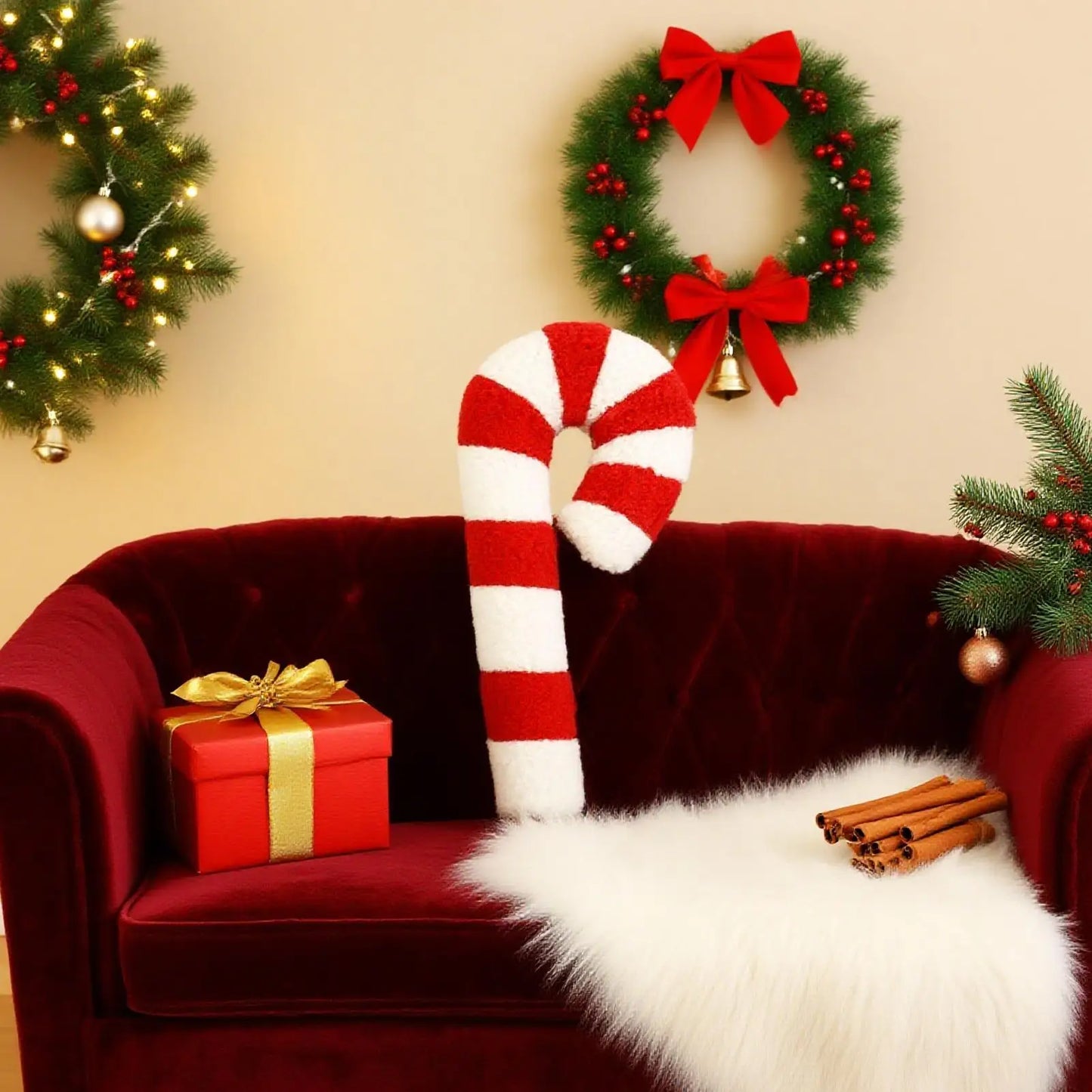Candy Cane Throw Pillow Sofa, Plush Cushion Christmas Decor for Sofa Bed