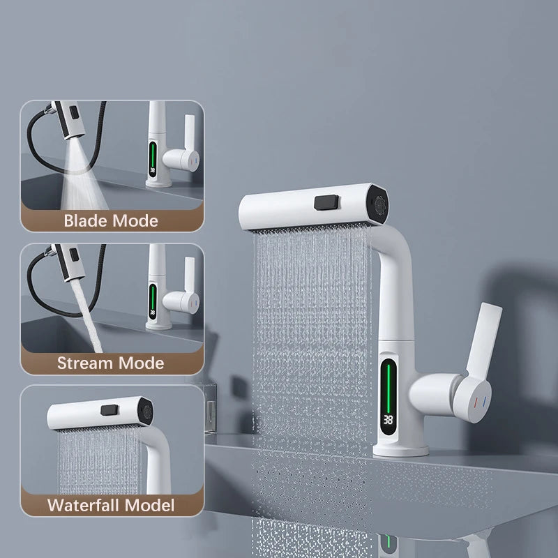 Waterfall Pull Out Kitchen Faucet, Intelligent Digital Display Cold & Hot Mixer