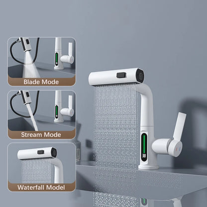 Waterfall Pull Out Kitchen Faucet, Intelligent Digital Display Cold & Hot Mixer