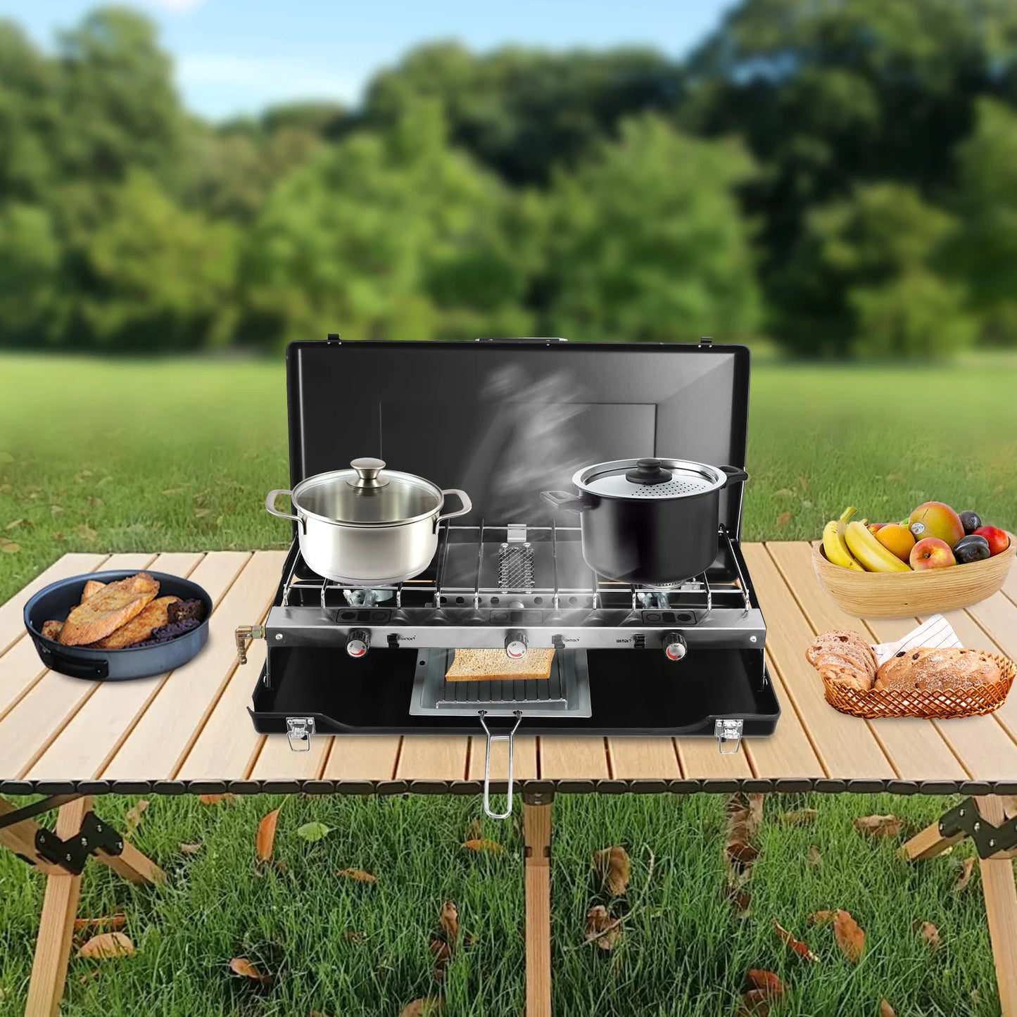 Outdoor Campfire Grill. 3-Burner Durable Cold-Rolled Steel Grill - Windproof Lid for Camping & Outdoor Cooking