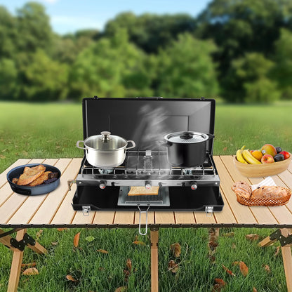 Outdoor Campfire Grill. 3-Burner Durable Cold-Rolled Steel Grill - Windproof Lid for Camping & Outdoor Cooking