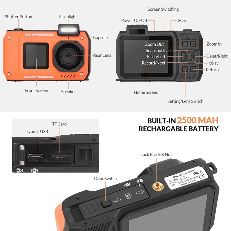 4K Underwater Camera. 33 FT Waterproof Camera With Dual Screens Selfie 48MP Autofocus Digital Camera For Snorkeling