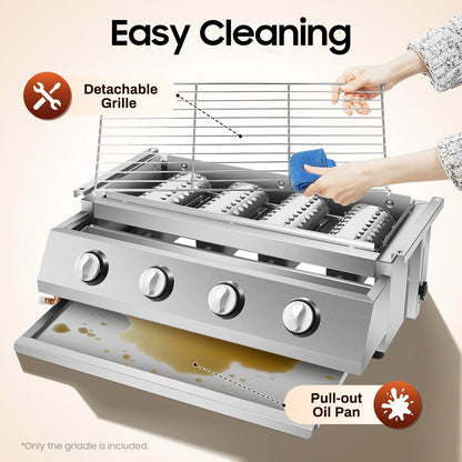 4 Burners BBQ Propane Gas Grill Stainless Steel Smokeless Barbecue Grill Portable BBQ Grill Removable for Outdoor Patio Garden