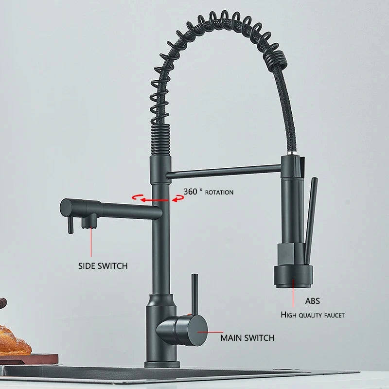 Black Kitchen Sink Faucet, Pull Down Hot and Cold Water Mixer, 2 Mode Tap with Dual Spout 360 Rotation Flexible Deck Mounted