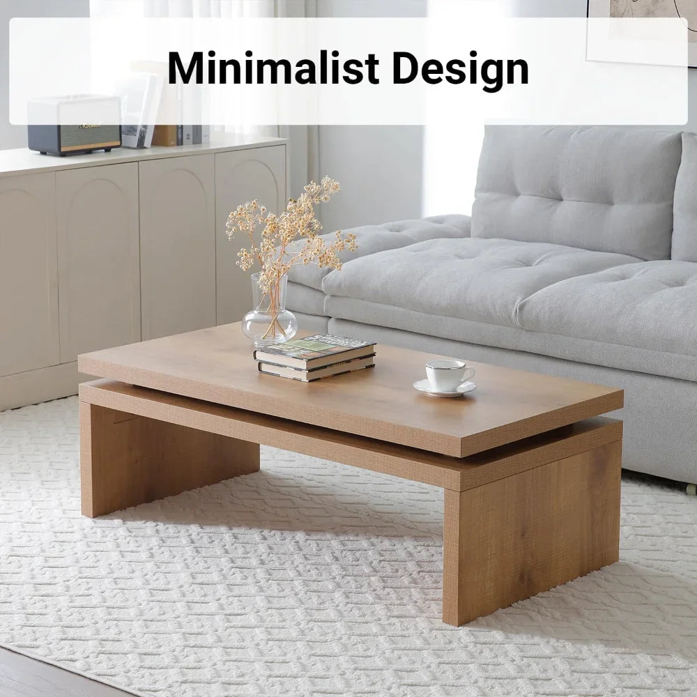 Wood Coffee Table, Mid Century Modern Simple Living Room Table, Farmhouse Rectangle Center Tables with Natural Solid Firwood