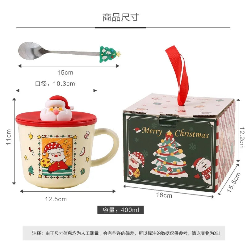 Festive Christmas Themed Ceramic Coffee Mug with Lid & Spoon Holiday Gift Box