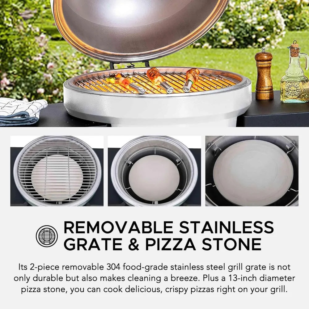 20-Inch Sunjoy Outdoor Kamado Egg Grill with Pizza Stone, Portable BBQ and Smoker in White