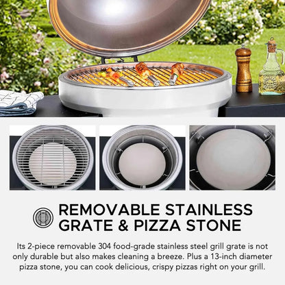 20-Inch Sunjoy Outdoor Kamado Egg Grill with Pizza Stone, Portable BBQ and Smoker in White