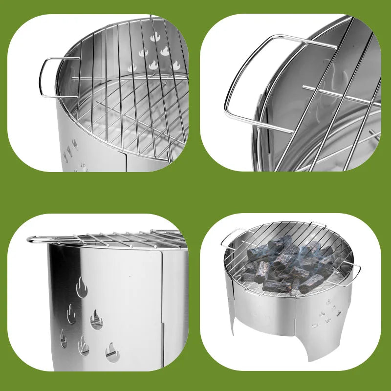 Stainless Steel Barbecue Grill, Outdoor Foldable Grill for Camping. Quick-install Wood Stove Fire Pit for Trekking, Heating & Cooking