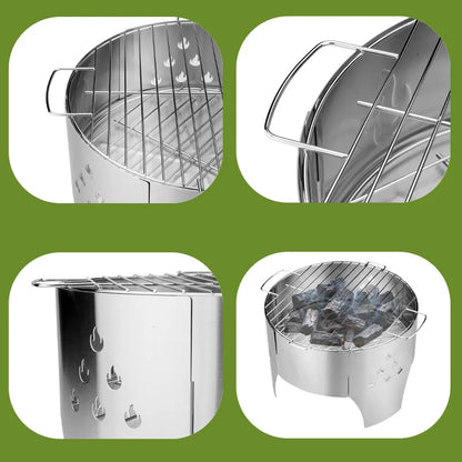 Stainless Steel Barbecue Grill, Outdoor Foldable Grill for Camping. Quick-install Wood Stove Fire Pit for Trekking, Heating & Cooking