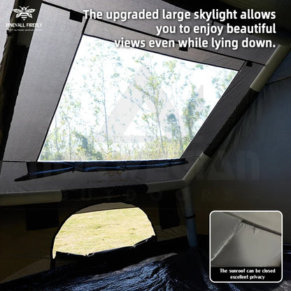 Outdoor inflatable camping tent with a panoramic skylight, suitable for activities such as camping, hiking, and fishing.