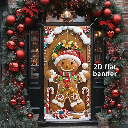 Christmas gingerbread man design door banner. Perfect for porch, patio, garage. Christmas party decoration