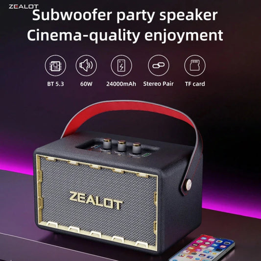 ZEALOT MT01 Portable 60W Wireless Speaker With 4 Subwoofers, Surge Bass 3D Surround Sound, 24000mAh Long Battery Life.