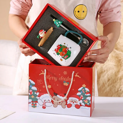Christmas Themed Santa Reindeer Ceramic Coffee Mug with Lid and Spoon Perfect Holiday Gift