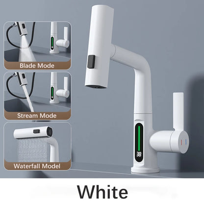 Waterfall Pull Out Kitchen Faucet, Intelligent Digital Display Cold & Hot Mixer