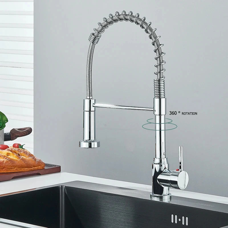 Spring Pull Down Kitchen Faucets Stream Spray Head with Hot & Cold Water