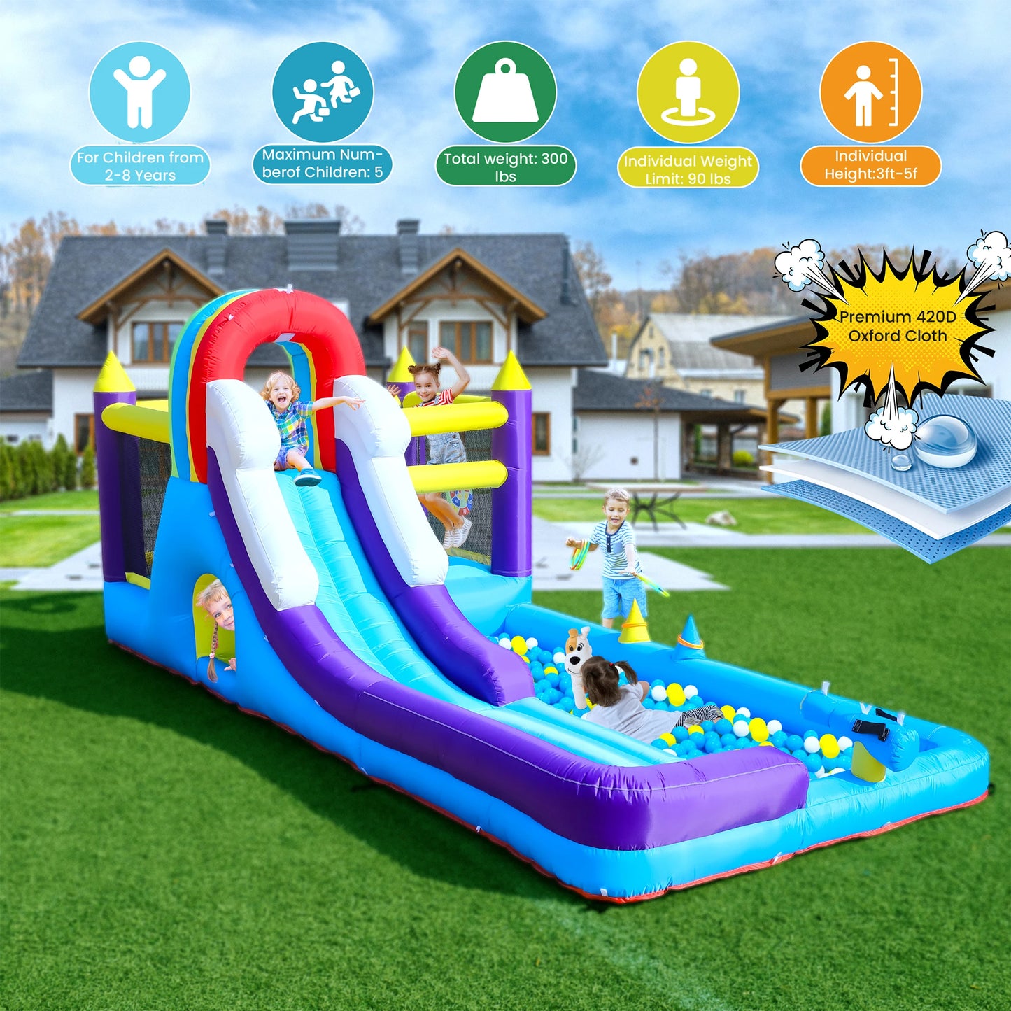 16ft Inflatable Water Slide Bounce House w/ Splash Pool for Kids, Backyard Party