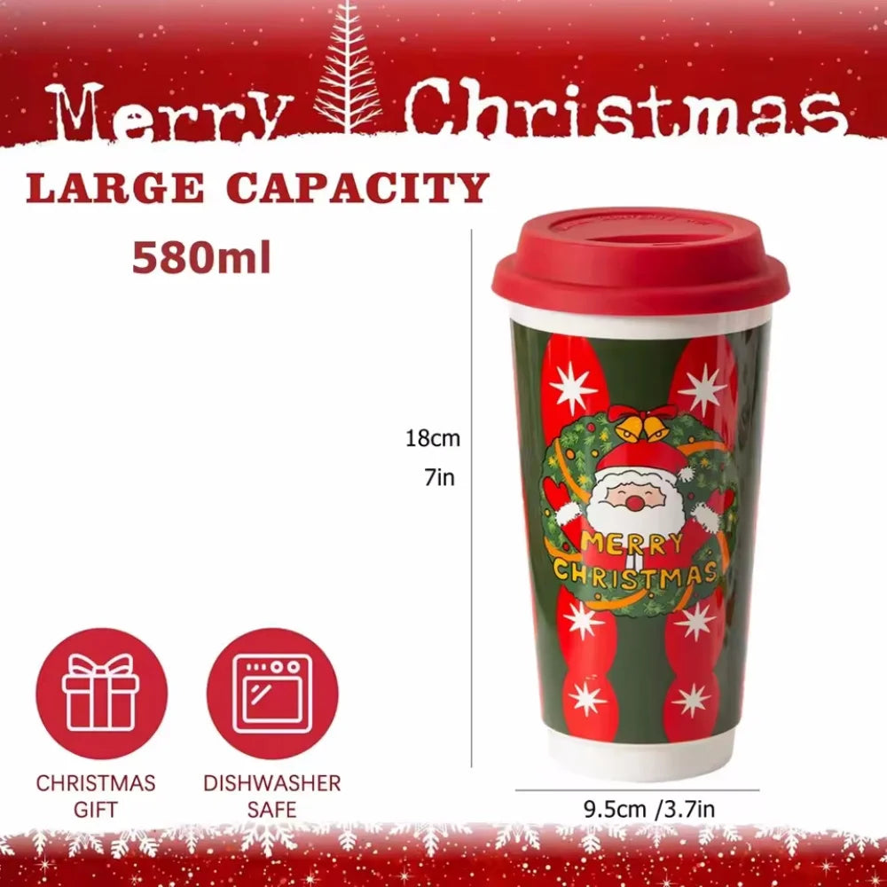 Christmas Ceramic Mug, Coffee Cup with Silicone Lid and Gift Box, Latte Mug, Here Comes Santa Claus Gifts