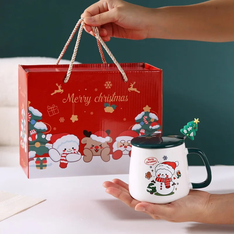 Christmas Themed Santa Reindeer Ceramic Coffee Mug with Lid and Spoon Perfect Holiday Gift