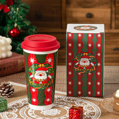 Christmas Ceramic Mug, Coffee Cup with Silicone Lid and Gift Box, Latte Mug, Here Comes Santa Claus Gifts