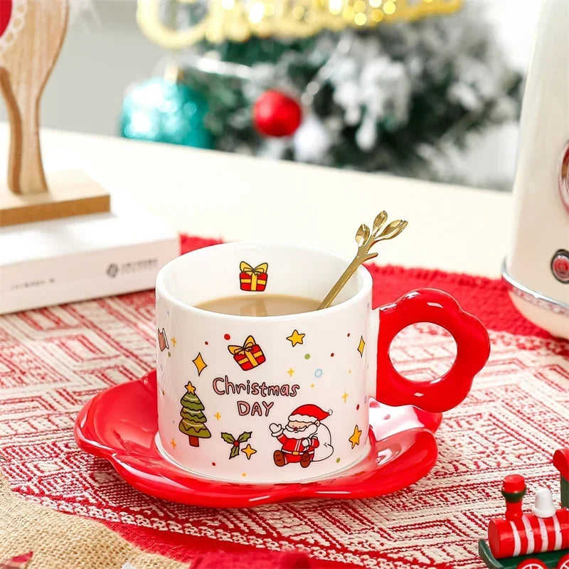 Ceramic Cup Saucer Set with Spoon Christmas Themed Coffee Cup, Perfect for Gift & Present