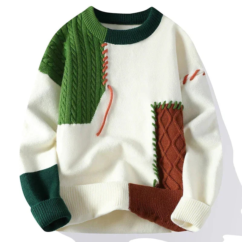 2025 Fall Winter Warm Men Sweaters, Korean Style with Patchwork Pullovers Round Neck Knitted Sweater