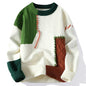 2025 Fall Winter Warm Men Sweaters, Korean Style with Patchwork Pullovers Round Neck Knitted Sweater