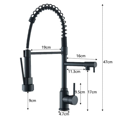 Black Kitchen Sink Faucet, Pull Down Hot and Cold Water Mixer, 2 Mode Tap with Dual Spout 360 Rotation Flexible Deck Mounted