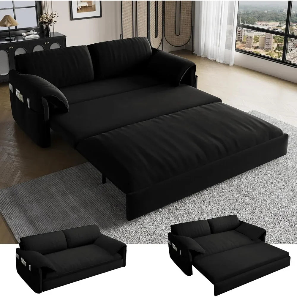 63.8" Futon Sofa Bed Queen Size, Pull Out Bed, 3-in-1 Convertible Sleeper Sofa with Side Pocket, Modern Velvet Futon Couch