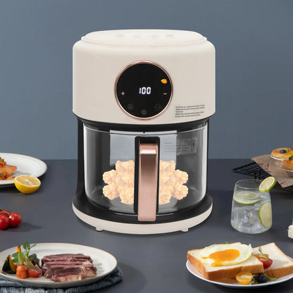 6-in-1 Functions Airy Fryer, 4.2L 1200W Glass Air Fryer, 360° Viewable, Digital Display, Adjustable Temp 80~200℃