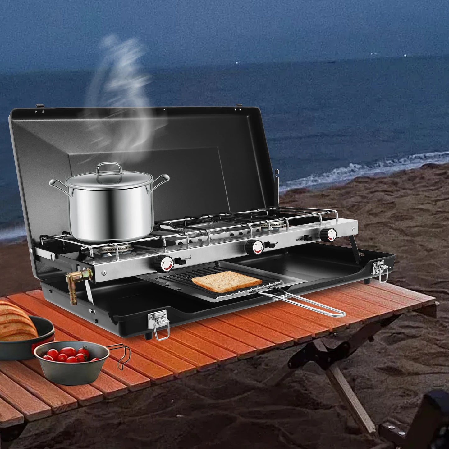 Outdoor Campfire Grill. 3-Burner Durable Cold-Rolled Steel Grill - Windproof Lid for Camping & Outdoor Cooking