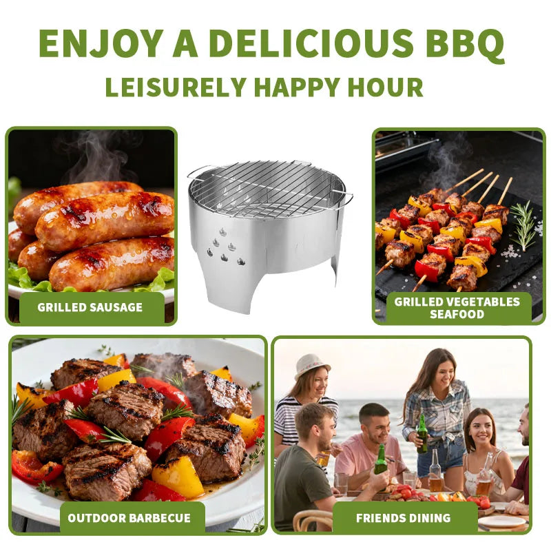 Stainless Steel Barbecue Grill, Outdoor Foldable Grill for Camping. Quick-install Wood Stove Fire Pit for Trekking, Heating & Cooking