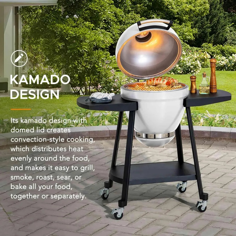 20-Inch Sunjoy Outdoor Kamado Egg Grill with Pizza Stone, Portable BBQ and Smoker in White